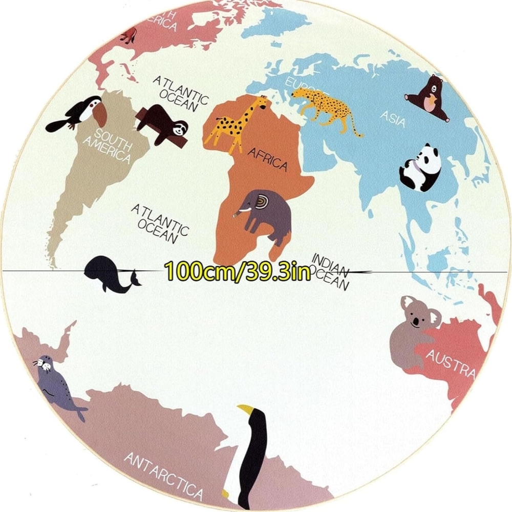 World Map Kids Round Rug 39" Non Slip Washable Classroom Playroom Mat - Picture 2 of 8